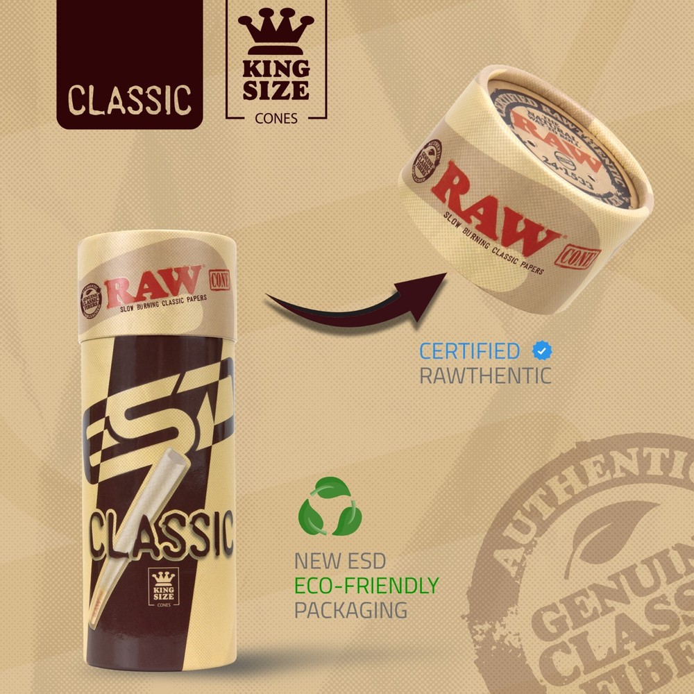 RAW Cones King Size Classic | 50 Pack | Slow Burning Rolling Papers with Tips
