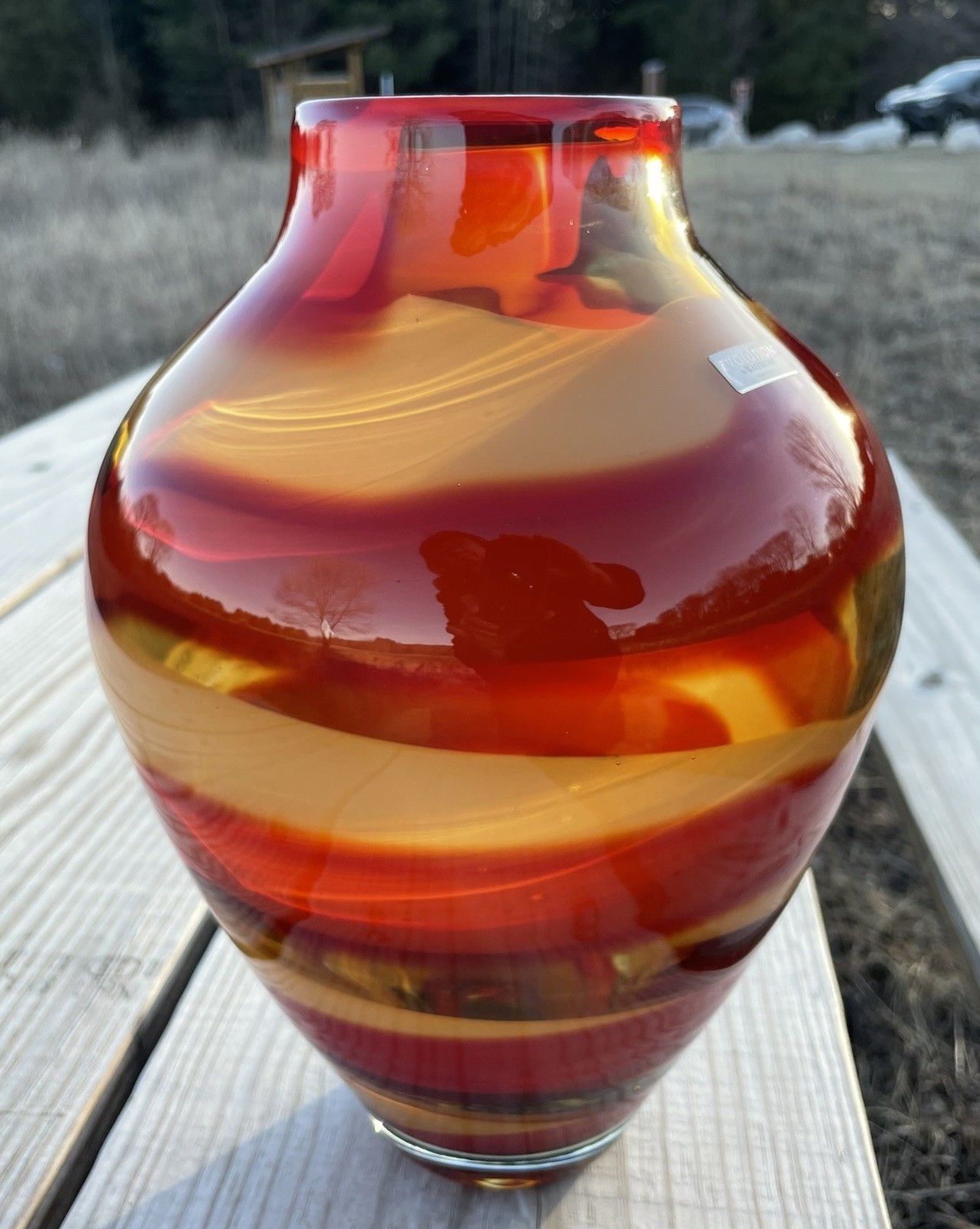 Waterford Evolution “Red Sea” Crystal Amphora Art Glass Vase, swirl design