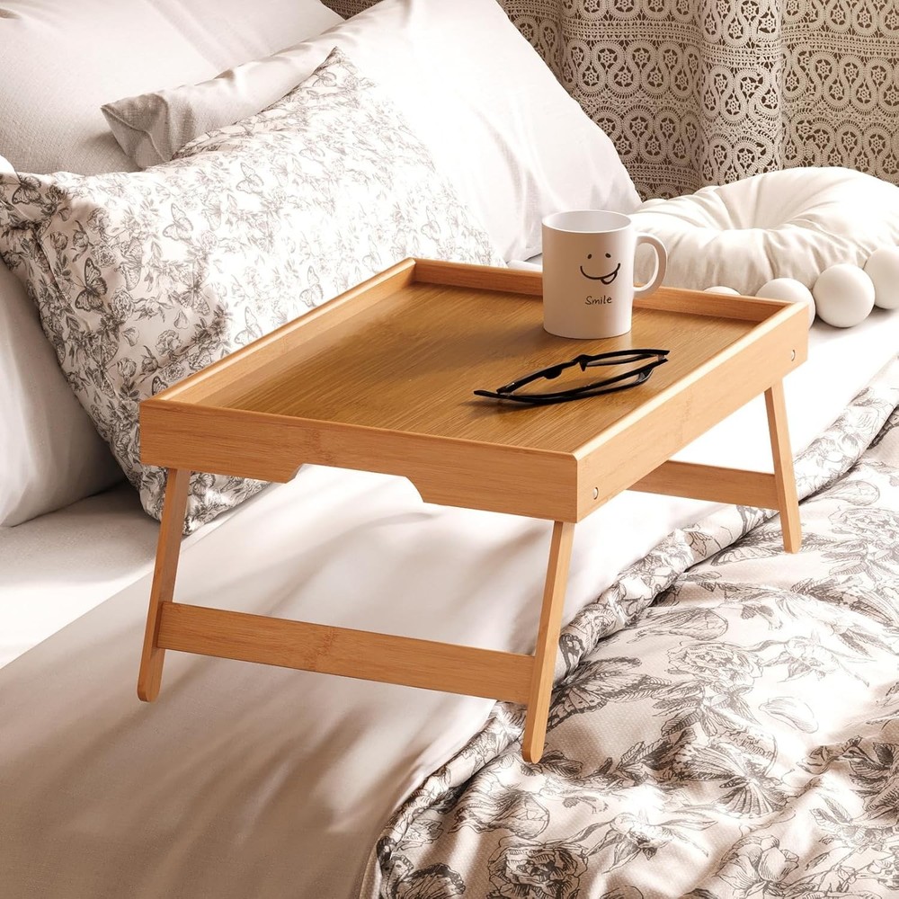 Stylish 2 Pack Bamboo Breakfast Trays - Compact Foldable Design for Convenience
