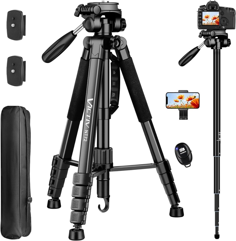 Lightweight Camera Tripod Stand, 72" Tall, Remote, Compact