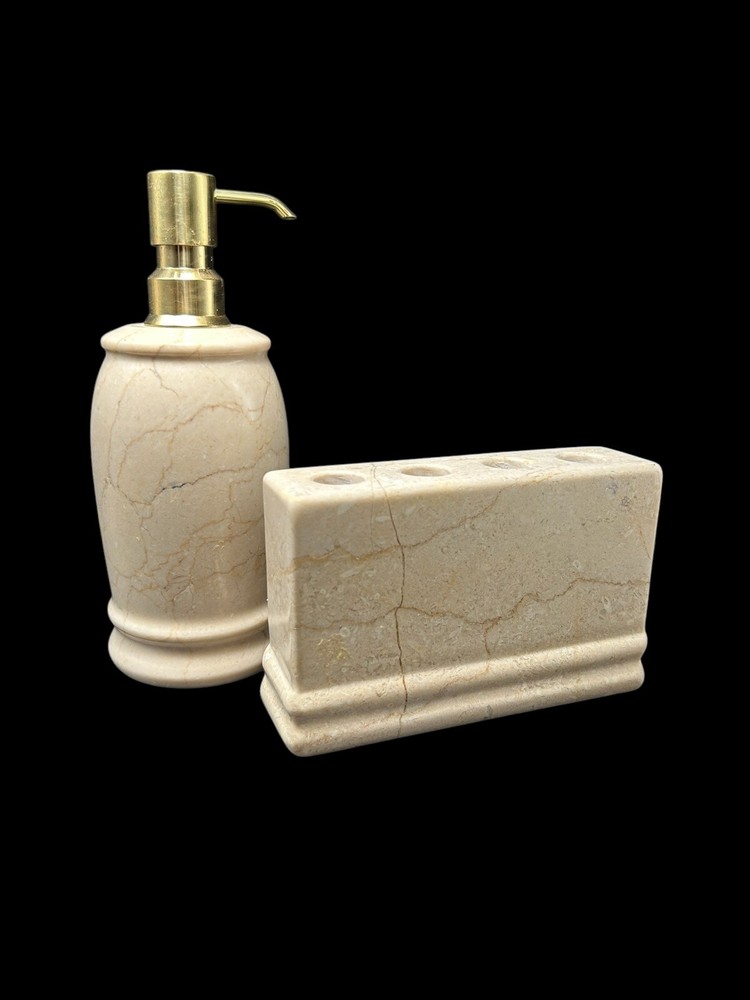 Frontgate Designer Solid Travertine Marble Toothbrush Holder & Lotion Dispenser