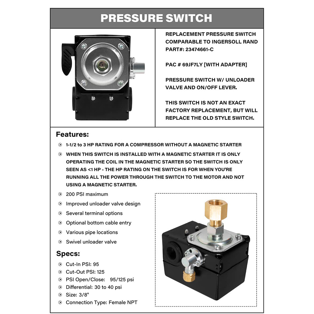 For Ingersoll Rand 23474661-C Pressure Switch Air Compressor SS3 & SS5 95-125PSI