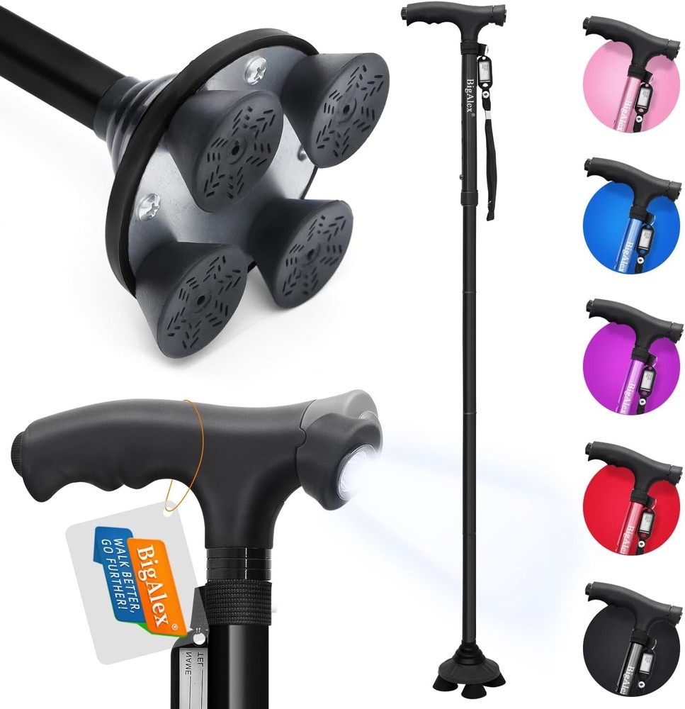 Folding Walking Cane with LED Light & Pivoting Quad Base - Adjustable & Portable