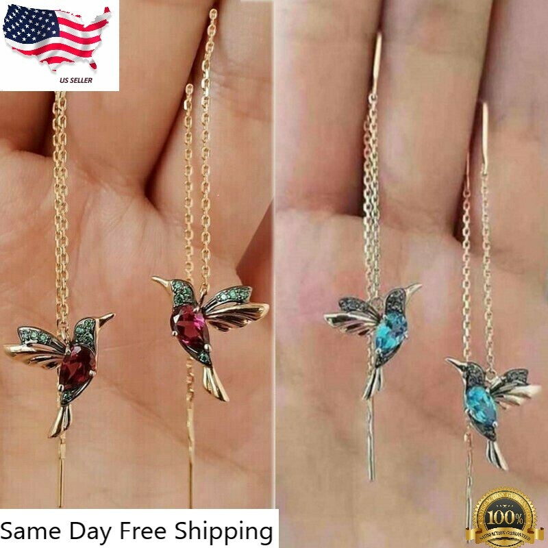 Silver Plated Drop Tassel Hummingbird Earrings Stud Threader Dangle Lab-Created