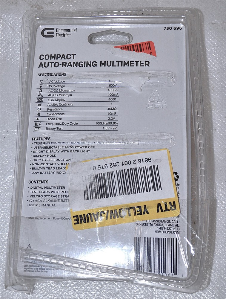 COMMERCIAL ELECTRIC COMPACT AUTO-RANGING MULTIMETER MMB-8332 NEW