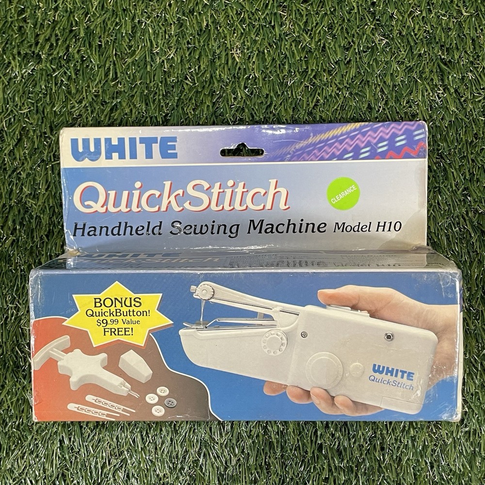 Vtg White QuickStitch Handheld Sewing Machine NIB Portable Mini Quick Button New