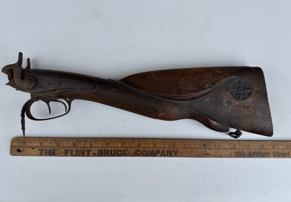19thC Percussion Cap Muzzle Loading Double Barrel Carved Stock & Trigger PARTS