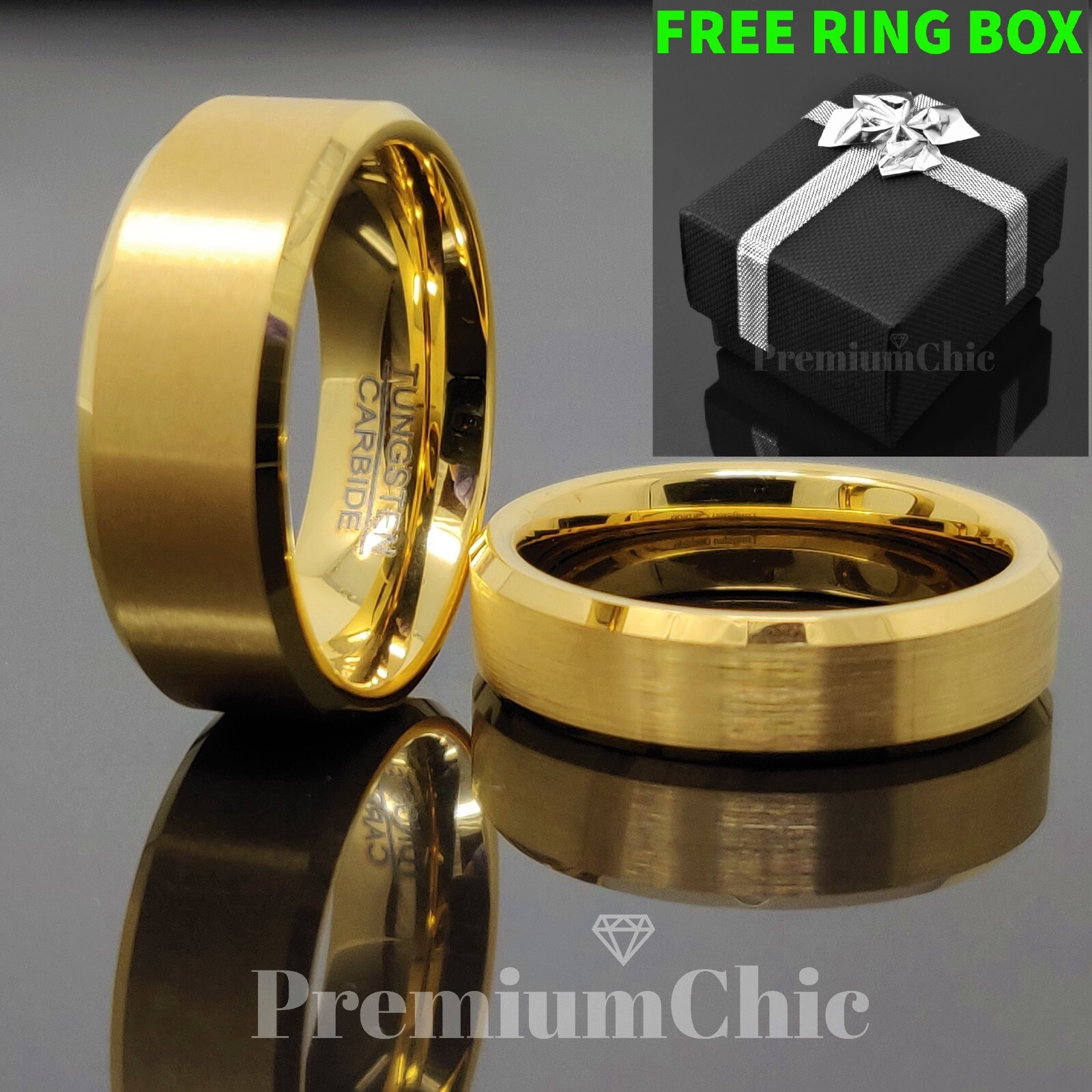 24k Gold Plated Tungsten Carbide Men's Wedding Band Ring Brushed Beveled Edge