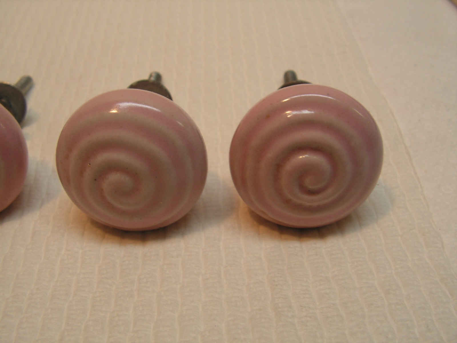 4 Vintage Porcelain Drawer Pull Handle PINK SPIRAL Cabinet Knobs NICE!