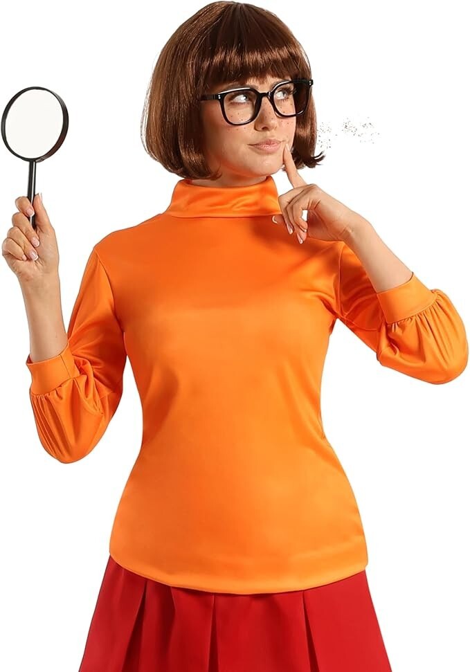 Women`s Velma Costume & Wig Orange Mystery Inc Scooby Doo Detective Dress S-3XL