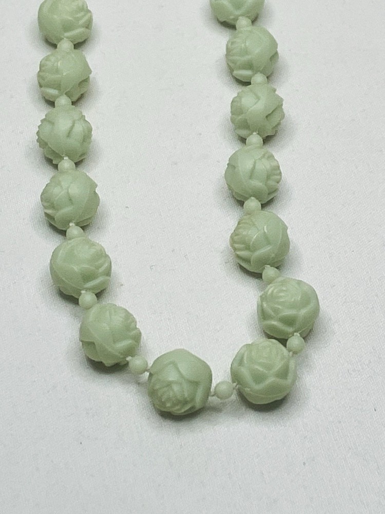 Vintage Light Green Rose Buds Rosary Necklace 22" Continuous String