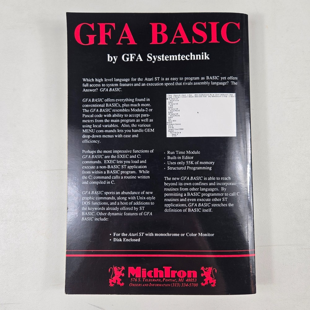 MichTron GFA BASIC Atari ST Programming Language Book 1986 2nd Edition PB