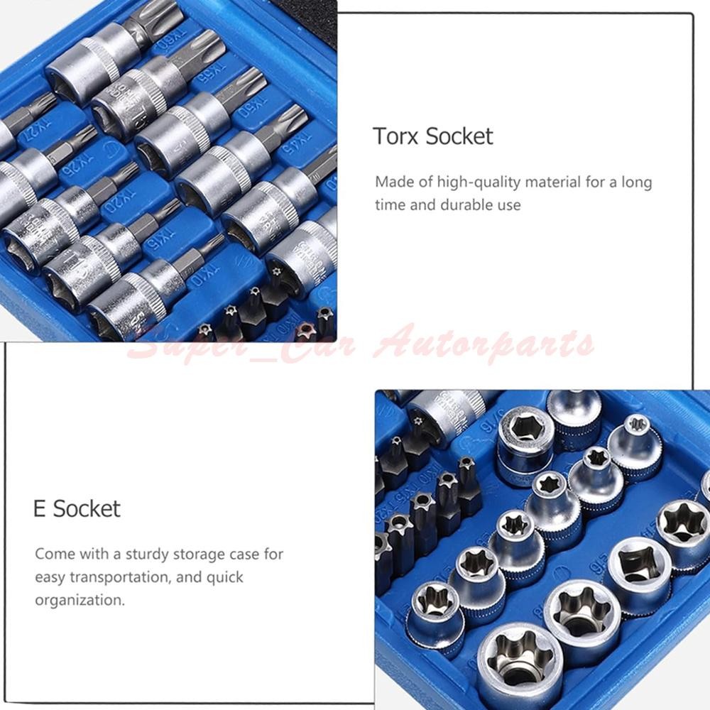 34pcs Torx Star Sockets & Bit Set Male Female E-torx Security Bits 3/8 Drive