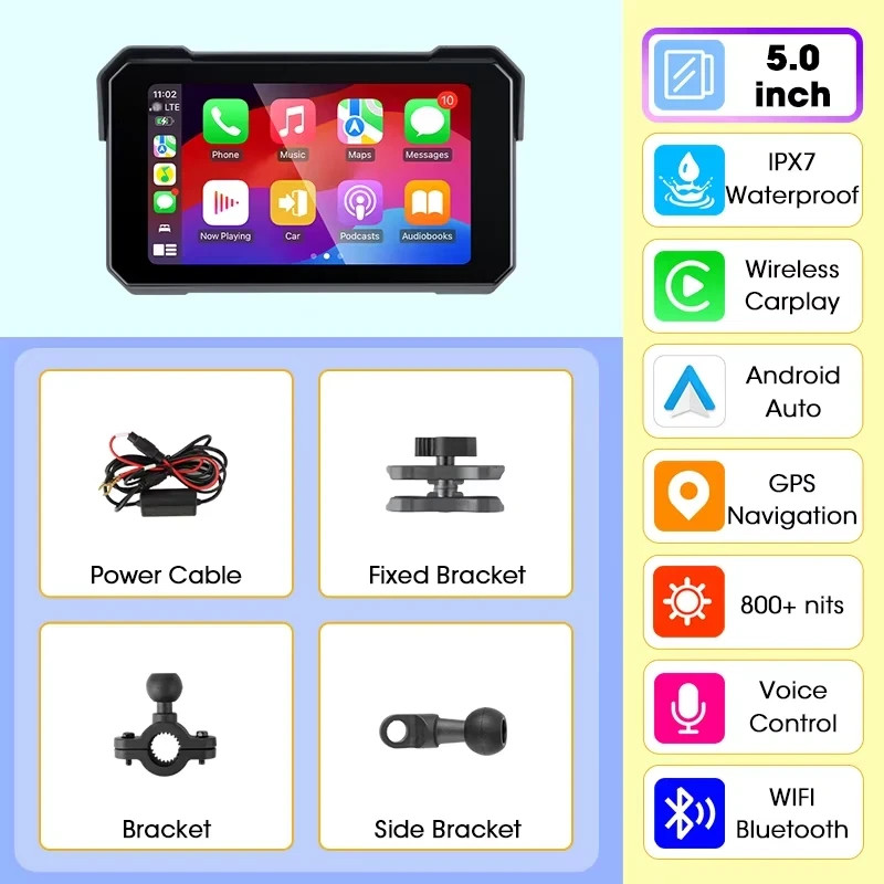 Motorcycle CarPlay Android Auto Display 7'' Waterproof Sat Nav Bluetooth GPS