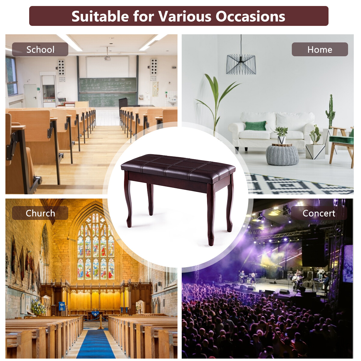 Solid Wood PU Leather Piano Bench Padded Double Duet Keyboard Seat Storage Brown