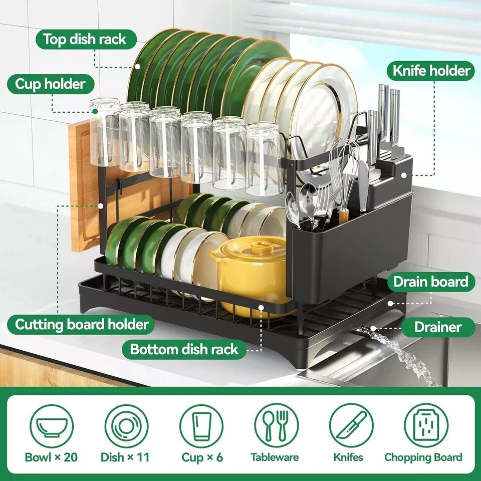 2 Tier Dish Drying Rack Dish Drainers for Kitchen Counter Storage Cutlery Holder