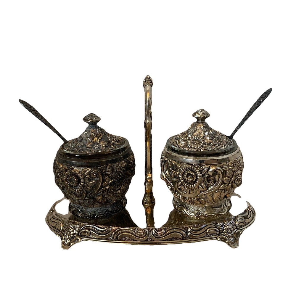 VTG HARRISON FISHER Silver Plated Floral Condiment Jam Caddy w/Spoons HF-0917