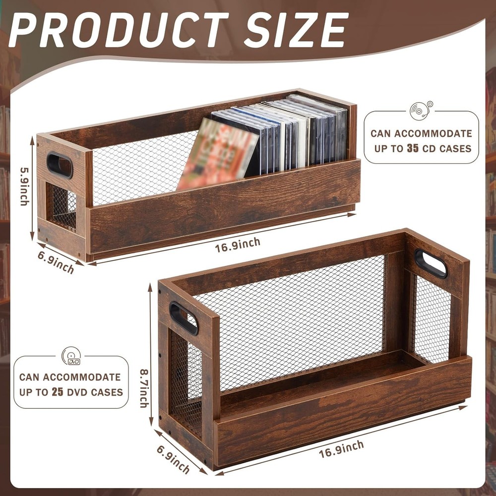 2 Set Metal & Wooden Stackable Tabletop Storage Shelf DVD & CD Storage Box