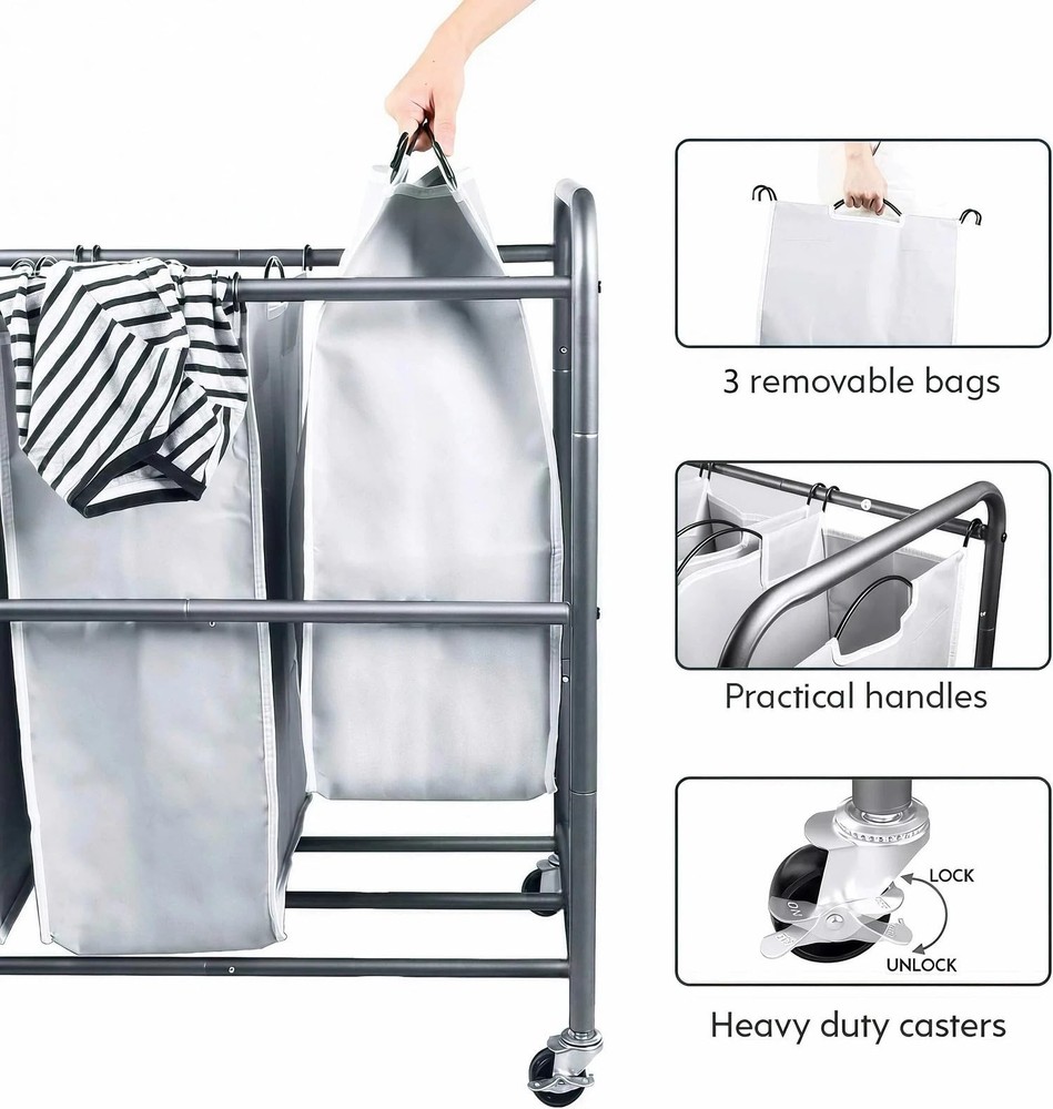 Laundry Sorter Hamper 3 Section, Divided Laundry Basket Organizer with Heavy ...