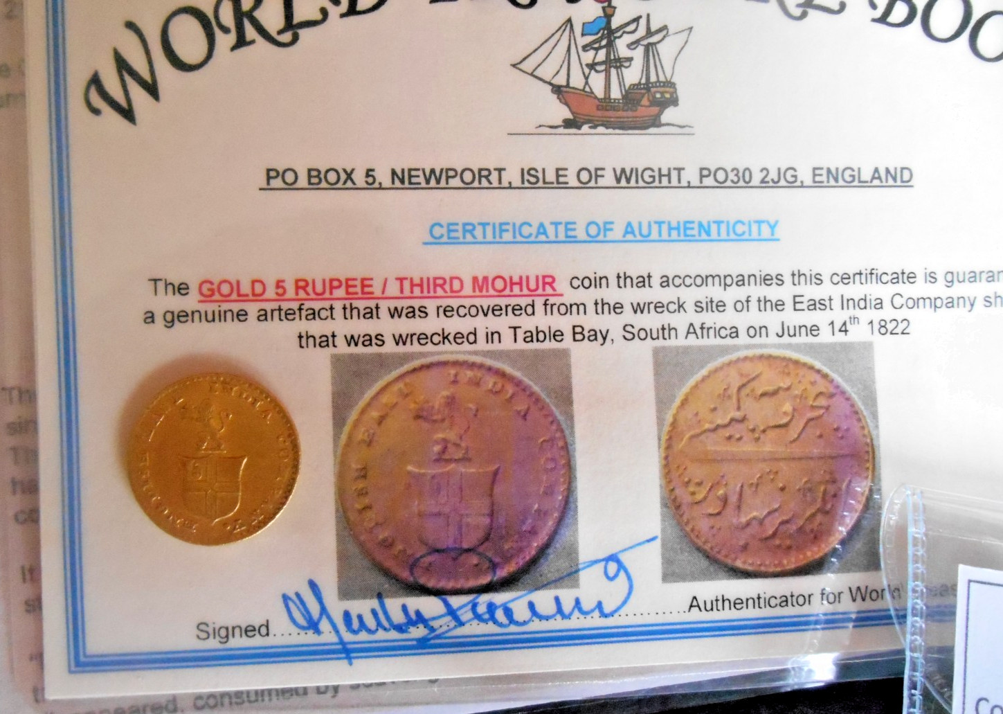 SHIPWRECK treasure GOLD 5 RUPEE coin MOHUR EAST INDIA CO ship FAME wreck 1819/20