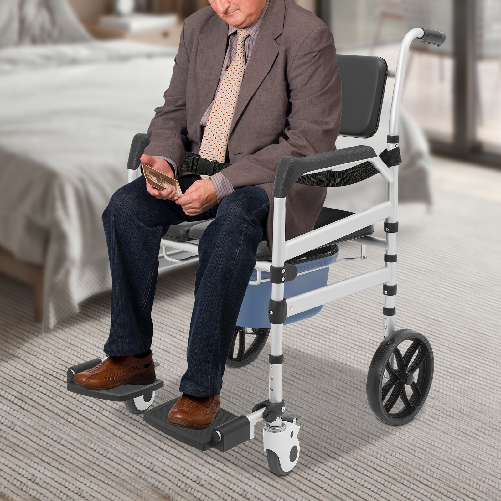 Foldable Shower Rolling Chair Adjustable Seat Folding Bath Wheelchair w/ Wheels