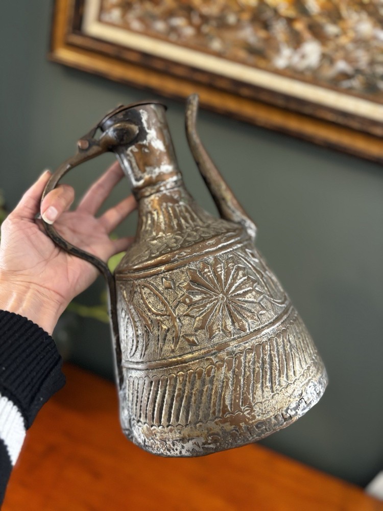 Antique Middle Eastern Hand Hammered  Tinned Copper  Ewer