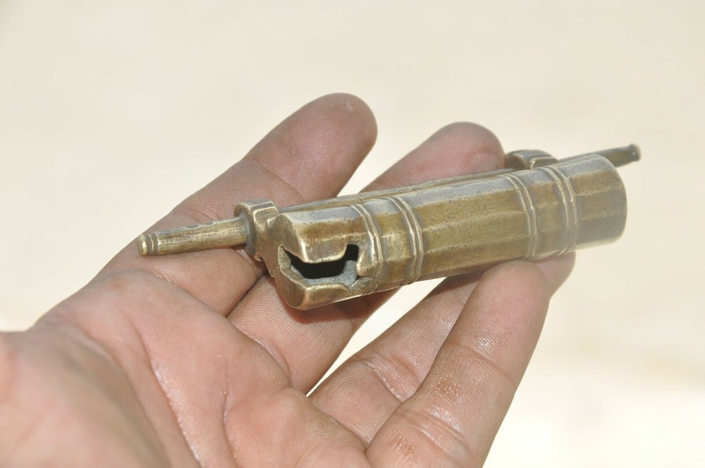 Vintage Brass Small Cylindrical Shape Unique Handcrafted Strip System Padlock