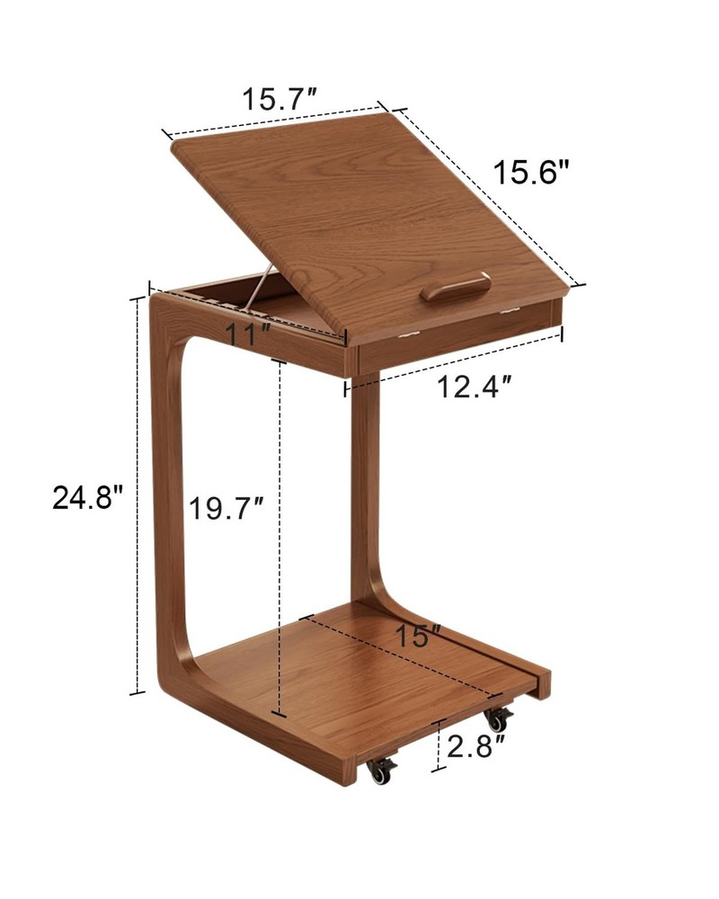Wooden C-Shaped End Table,Couch Table with Adjustable Desktop,Small Rolling S...