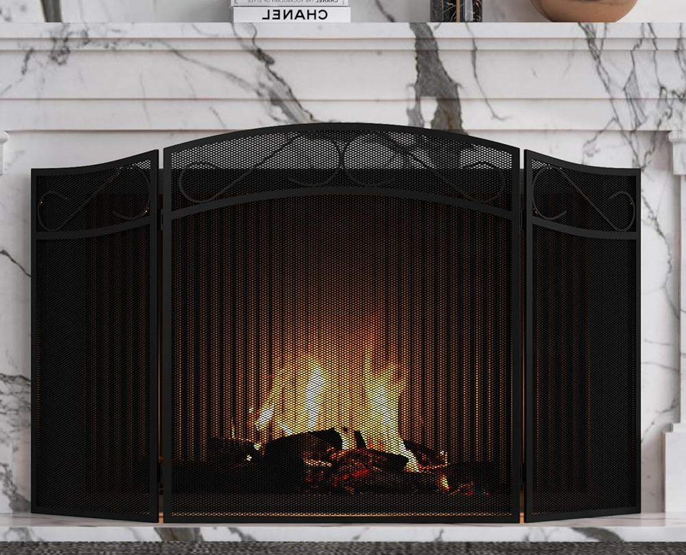 Fireplace Screen for Wood Burning Fireplace Foldable 3 Panel Wrought Iron Firepl