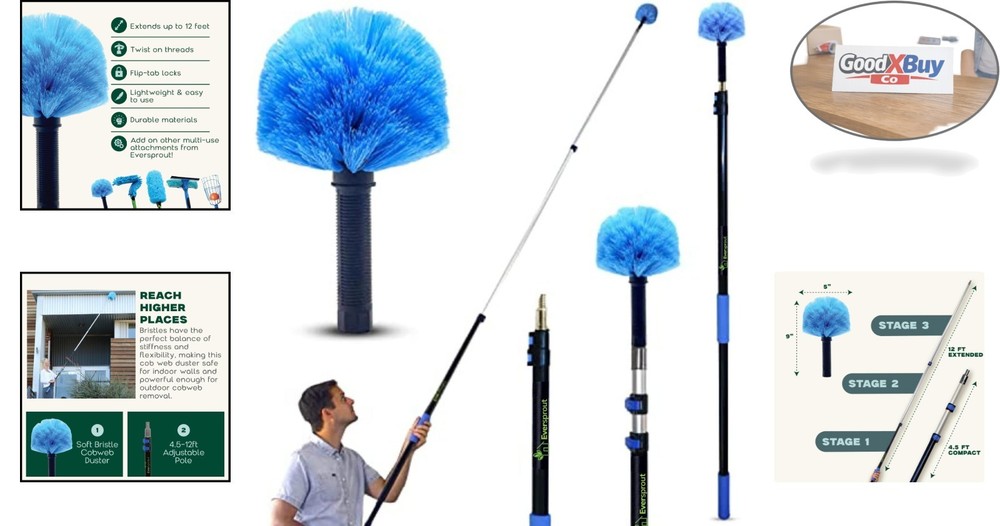 Lightweight Telescoping Cobweb Duster with Extension Pole 20ft – Indoor Outd...