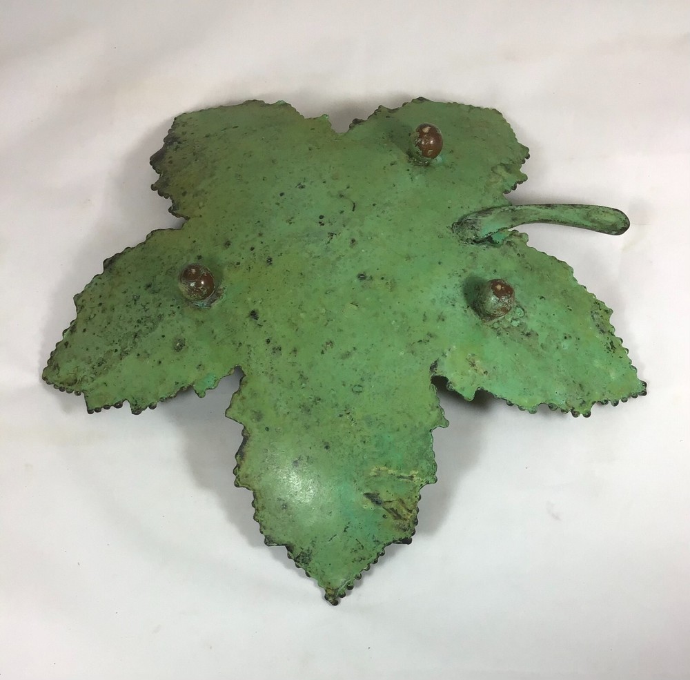 Aged Solid Copper Leaf Tray/Dish; Hand Cut, Shaped, Etched; Footed; 15 X 15X 3.