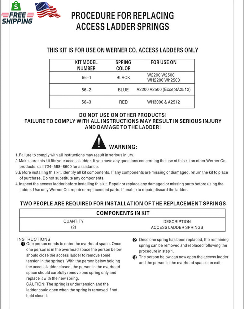 56-1 Ladder Spring Replacement Kit, Compatible with Werner Model Attic Ladders W
