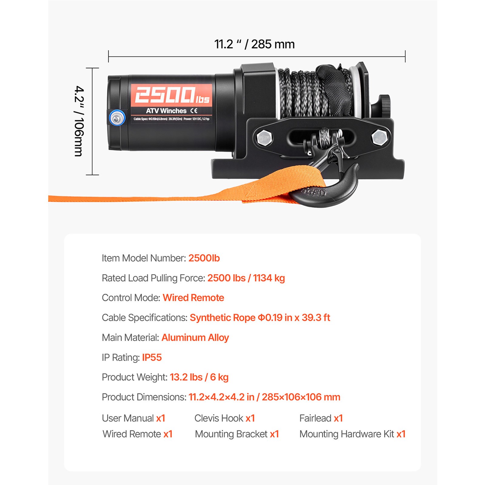 Uimoso 2500 lbs 12V Electric Winch with Synthetic Rope and Wired Remote Control