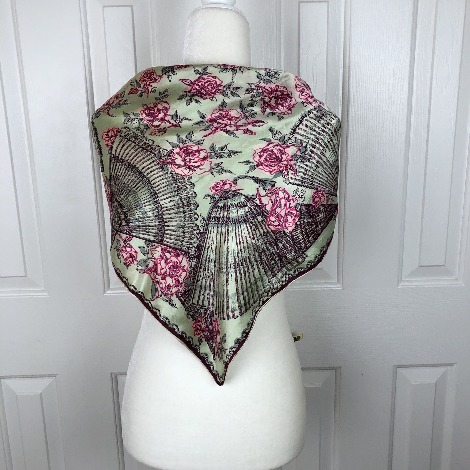 Vintage Silk Scarf Fans Flowers Satin Hand Rolled Green Pink Roses Square 33"