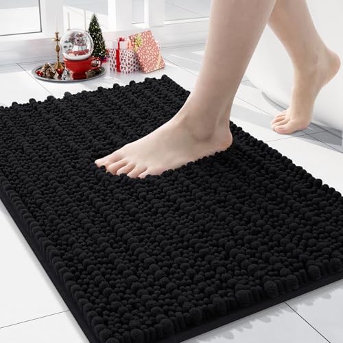 Luxury Chenille Bathroom Rug Mat, Extra Soft Thick 24" x 16" Rectangular Black