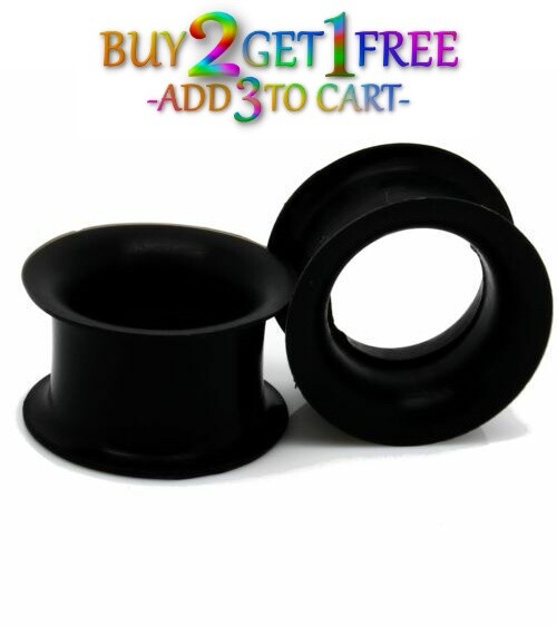 Pair 8g-50mm BLACK SILICONE EYELET TUNNELS Double Flare Gauges Thin Flesh 1032