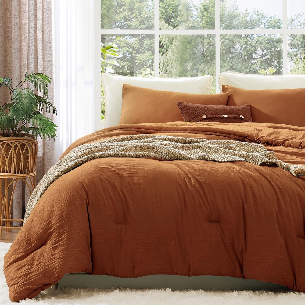WRENSONGE Queen Comforter Set - 3 Pieces Prewashed Burnt Orange Comforter Sof...