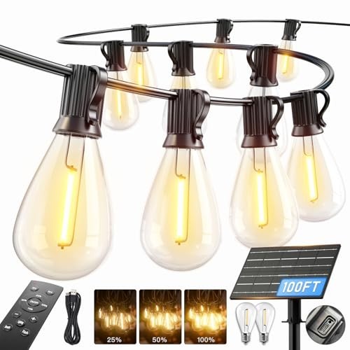 100FT Solar String Lights Waterproof, 35+1 LED Remote Control, 3 Modes, Dimmable