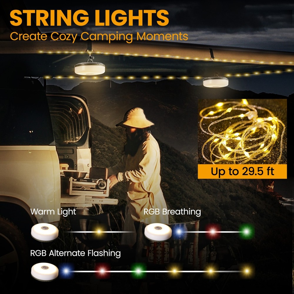 Camping String Lights Rechargeable LED Camping Lamp 29.5FT 8 Lighting Modes