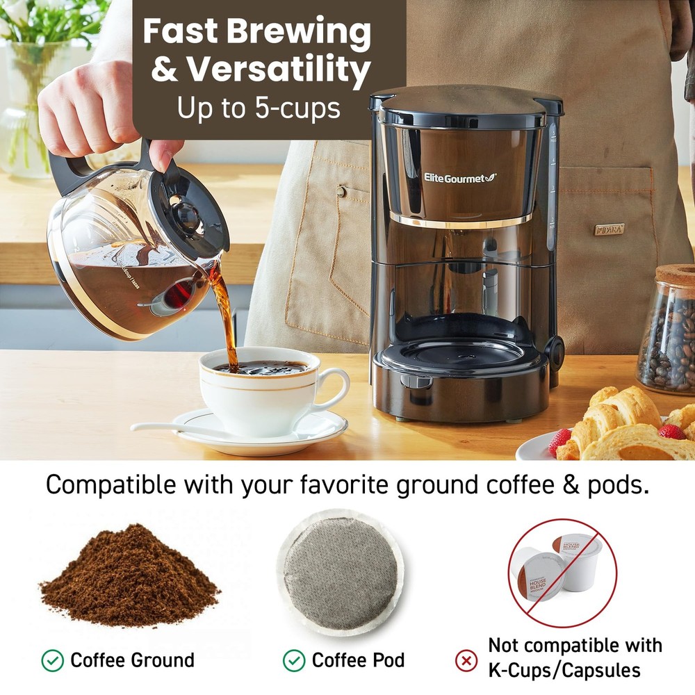 5-Cup Automatic Coffee Maker with Reusable Filter, Pause & Serve, On/Off Switch