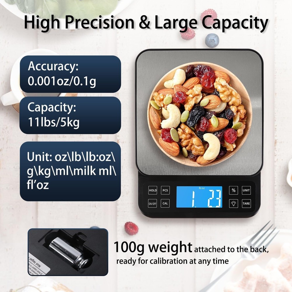 Large 0.1g Accuracy Kitchen Scale - Backlit LCD & Percentage Function for Bakers