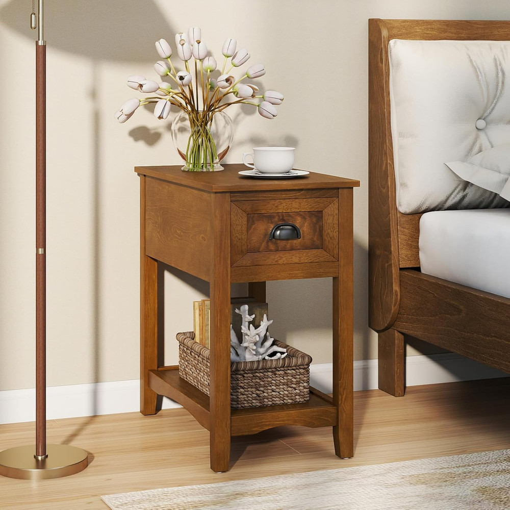 End Table with Drawer, Retro Narrow Side Table, Nightstand with Solid Wood & Sto
