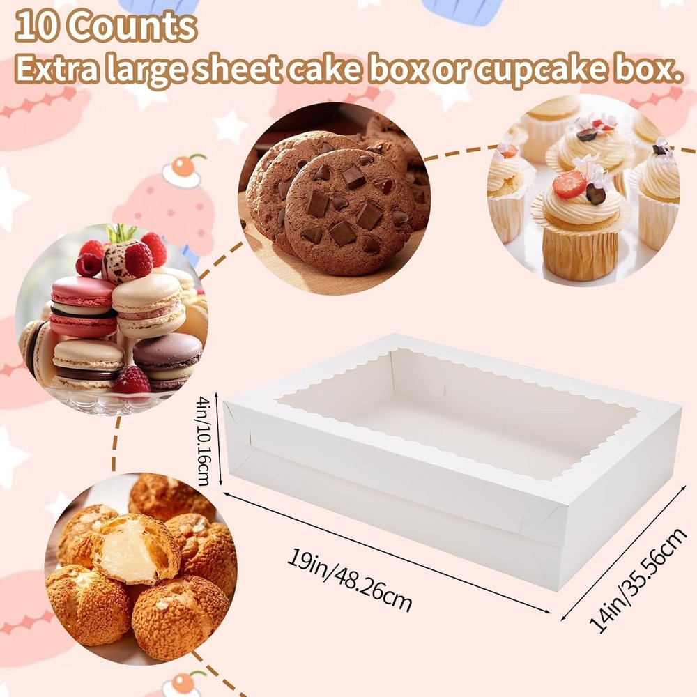 White Rectangular Half Sheet Cake Boxes with Window 10 Pack 19x14x4 Inch Stur...