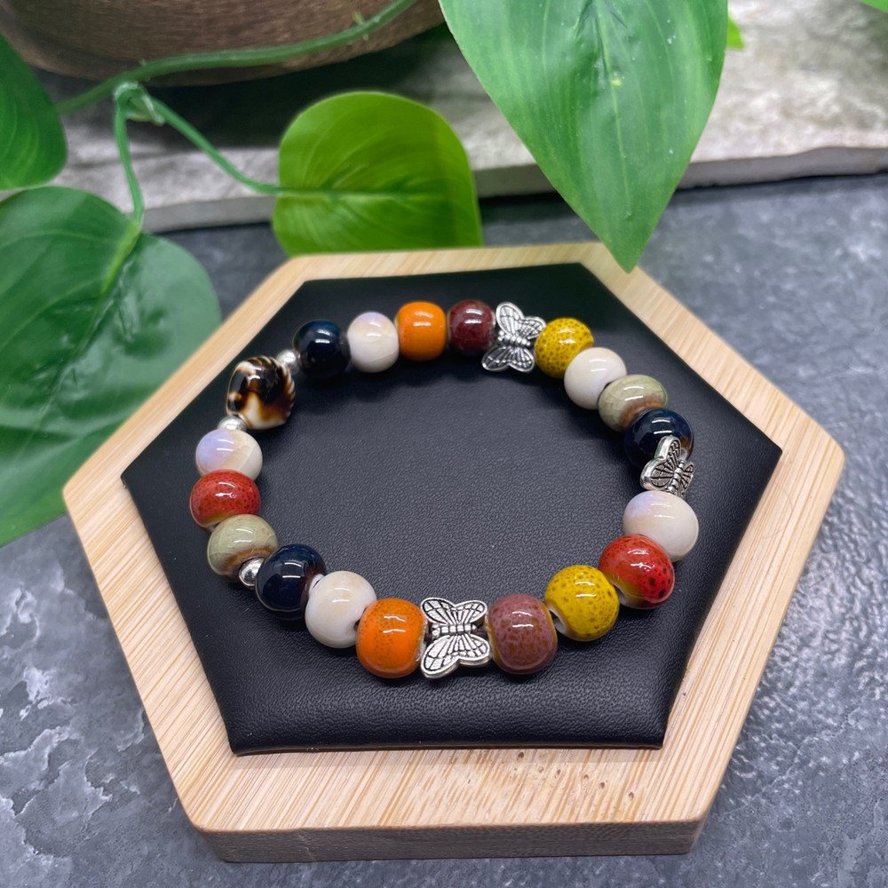Handmade Ceramic Bead Beaded Stackable 6” Plus Stretch Bracelet New B530