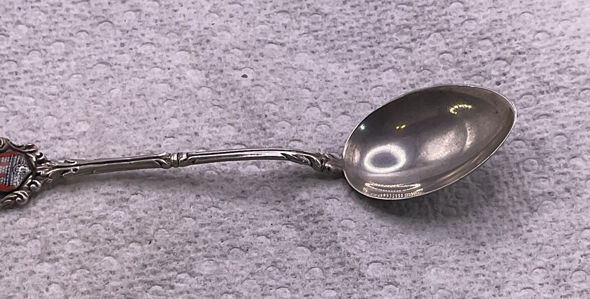 ANTIQUE .835 SILVER HAMBURG PORCELAIN SHEILD SOUVENIR SPOON 4 1/4”