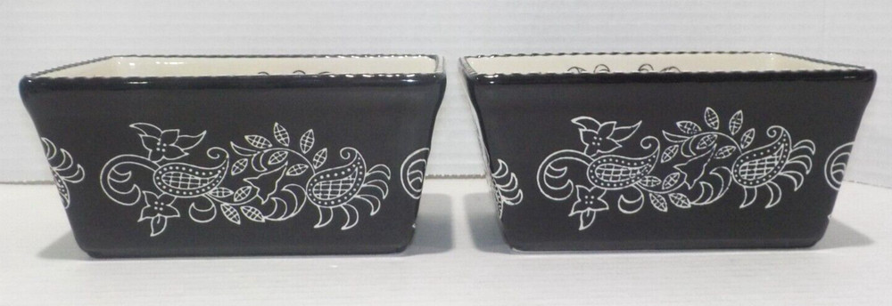 Lot 2 BAUM Small Rectangular LOAF Bakeware Dish Black White PAISLEY 6.5x4x3 *EUC