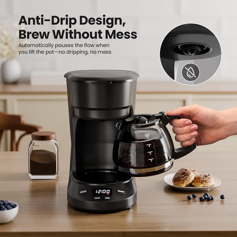 5-Cup Drip Coffee Machine with LED Display, Small Coffee Maker with Anti-Drip...