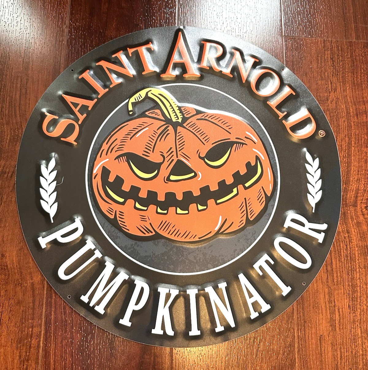 SAINT ARNOLD Brewing PUMPKINATOR BEER SIGN Tin Tacker 16" Houston TEXAS BREWERY