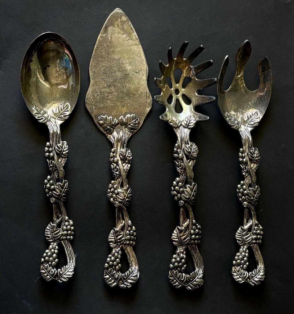 Godinger Silver Art Co Grape Vine Hostess Serving Set 4pc Sticker Patina VTG