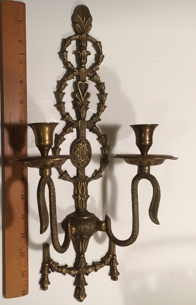 Large Ornate Brass Wall Sconce Two Candleholder